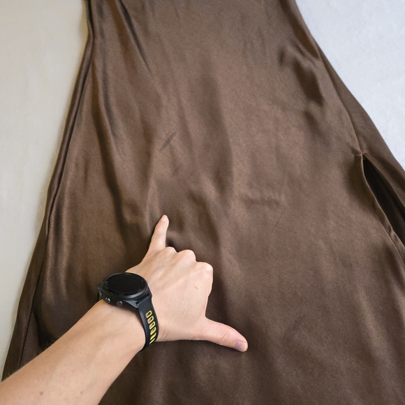 Audrey 3+1 Espresso Brown Maxi Spaghetti Strap Slip Dress Cowl Neck Thigh Slit - Picture 15 of 16